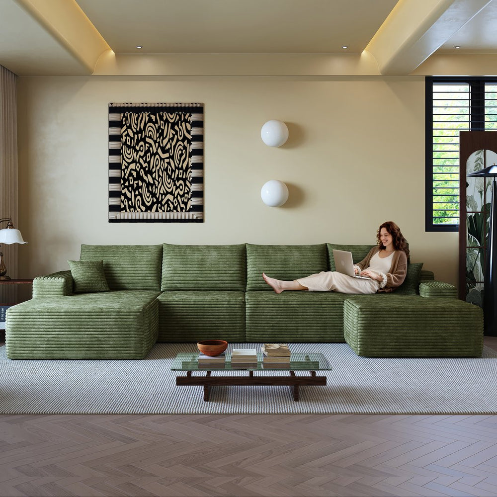 English Elm 135" Cloud Sectional Sofa With Ottoman - Plush Corduroy U-Shaped Design For Ultimate Comfort & Style W2824S00127