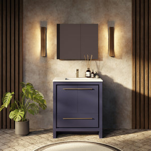 English Elm Navy Blue Single Bath Vanity With Cultured Marble Top, Gun Metal Faucet & 28 In. Mirror Set B2731S02049