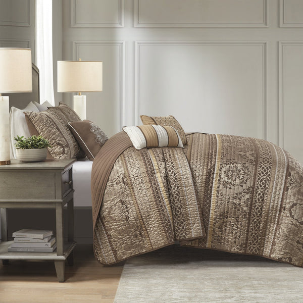 English Elm 6 Piece Bellagio Jacquard Quilt Set Reversible Full/Queen with Embroidered Leaf Motifs & Pillows Brown+Gold 22.44 L x 17.32 W x 12.2 H B03597483