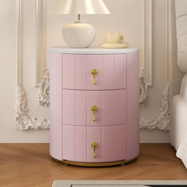 English Elm Upholstered Rounded Nightstand with 3 Spacious Drawers, Marbled Top and Metal Handles, Fully Assembled Pink 24 L x 19.5 W x 18.89 H N733P272609H
