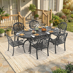 English Elm 7-piece Cast Aluminum Outdoor Dining Set Ornate Patio Table Six Stacking Chairs W1710S00648