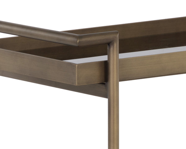 Sunpan Livingston Bar Cart - Stylish Mobility with Sleek Glass Shelving and Elegant Tubular Frame for Entertaining Antique Brass