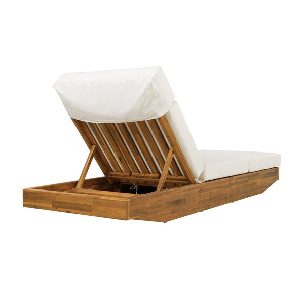 English Elm Boat-shape Acacia Wood Outdoor Chaise Lounge Slatted Teak Finish Poolside Recliner Cream,Teak N770P380117T_N770P285267C
