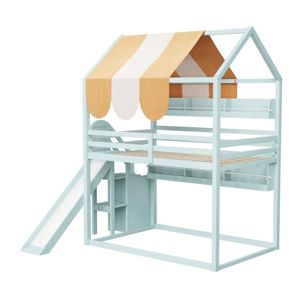 English Elm Full Size Wood Loft Bed with Canopy Slide and Built in Bookshelves for Kids Light Green N7090005021F