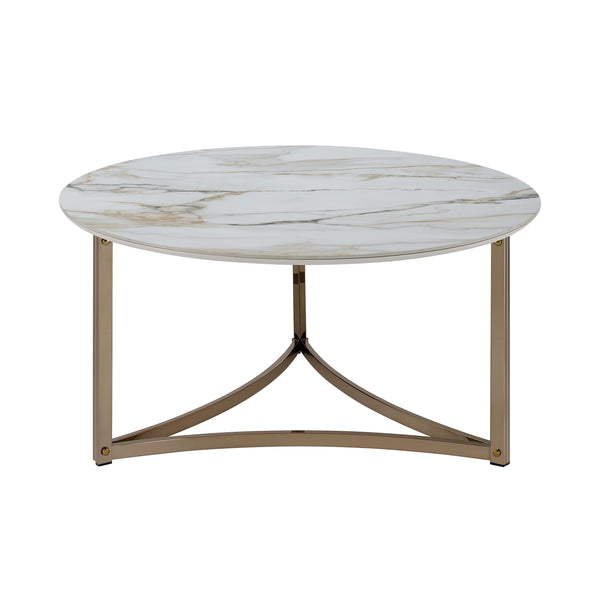 English Elm Aziz Round Sintered Stone Coffee Table with Champagne Metal Frame, Curved Crossbar Modern Centerpiece White 41 L x 39.25 W x 7.75 H B2726P245883
