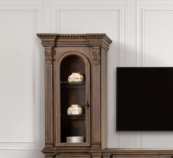 English Elm Traditional Weathered Oak Entertainment Console Hand Carved Dentil Crown Six Door Storage B2741S00759