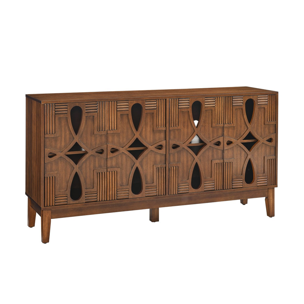 English Elm 60.5" Mid Century Sideboard Buffet with 4 Doors, Adjustable Shelves, Outlet Holes — Walnut TV Console W1801P224330