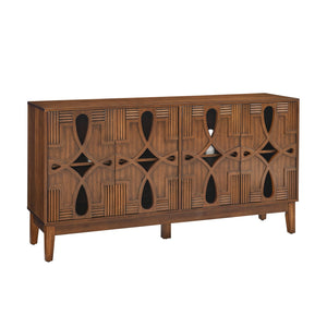 English Elm 60.5" Mid Century Sideboard Buffet with 4 Doors, Adjustable Shelves, Outlet Holes — Walnut TV Console W1801P224330