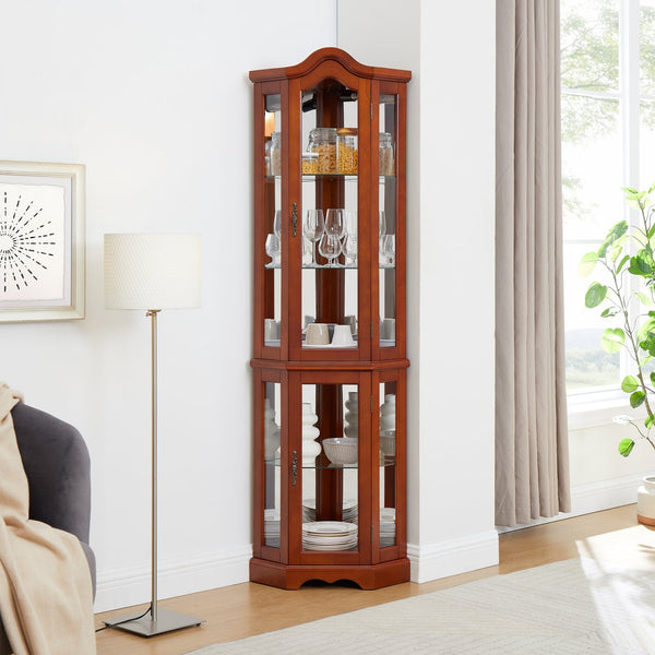English Elm Corner Curio Display Cabinet with Mirrored Back, Interior Lighting, Adjustable Glass Shelves, Elegant Finish Walnut W1693P171662