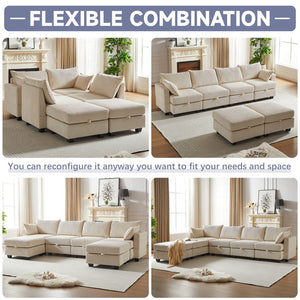English Elm 113.5'' Modular Sectional Sofa with Storage Ottoman, Convertible U or L Shape Sleeper for 6 Seats Beige W834S00253