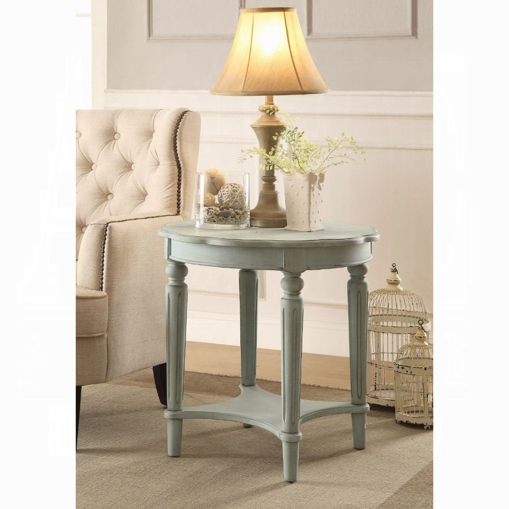 English Elm Antique French-Inspired Green End Table with Open Shelf, Ornate Carved Accents, Metal & Wood Elegance B062P209080