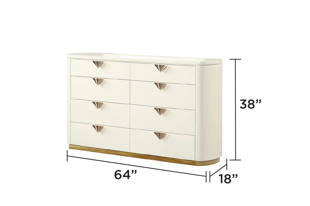 English Elm La Pierre Modern 8-Drawer Dresser In High-Gloss Beige With Gold Accents For Stylish Bedroom Storage G150108844