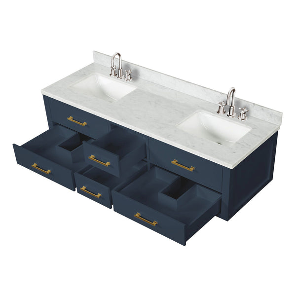 English Elm Blue Double Bath Vanity 72" W X 22" D With Luxurious Carrara Marble Top & Soft-Close Faucet Set B2731P258074