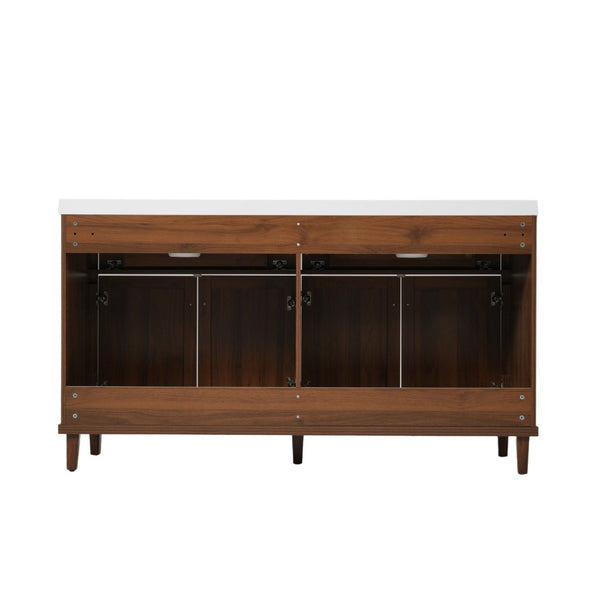 English Elm 60 Inch Double Sink Bathroom Vanity Rattan Pine Legs Soft Close Storage Brown N817P296140B