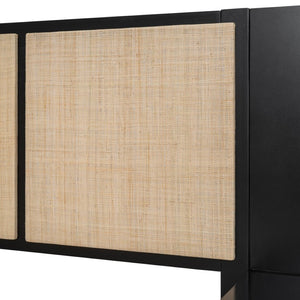 English Elm Queen Solid Wood Bed Frame With 2 Nightstands, Rattan Accents, Built-In Lamps For Cozy Bedrooms N820S00019AAB-GIGA