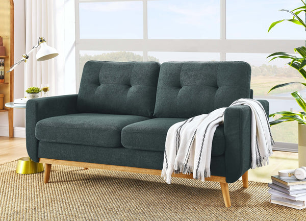 English Elm 67.7" Tufted Button Mid-century Loveseat with Splayed Wood Legs for Living Rooms Blue B355P428576