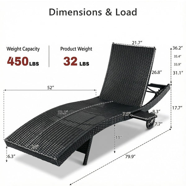 English Elm K&k Outdoor Wicker Reclining Chaise Set 2 Piece with Pull Out Tray Rolling Wheels Black N707P395515B
