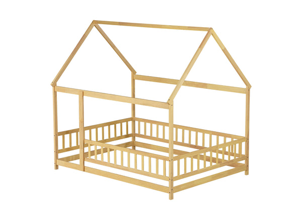 English Elm Full Size House Floor Bed With Roof Frame & Safety Guardrails - Cozy Natural Wood Design For Kids W504P286409