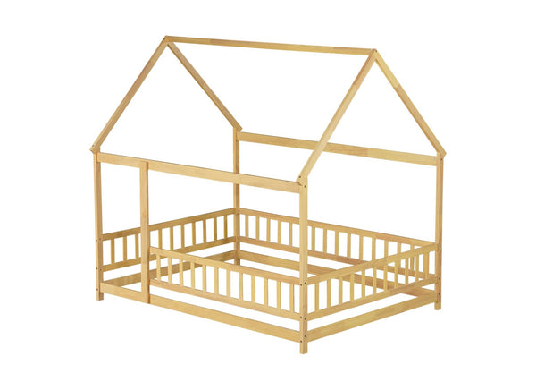 English Elm Twin House Shaped Floor Bed Solid Rubberwood Frame with Guardrails for Kids W504P370560