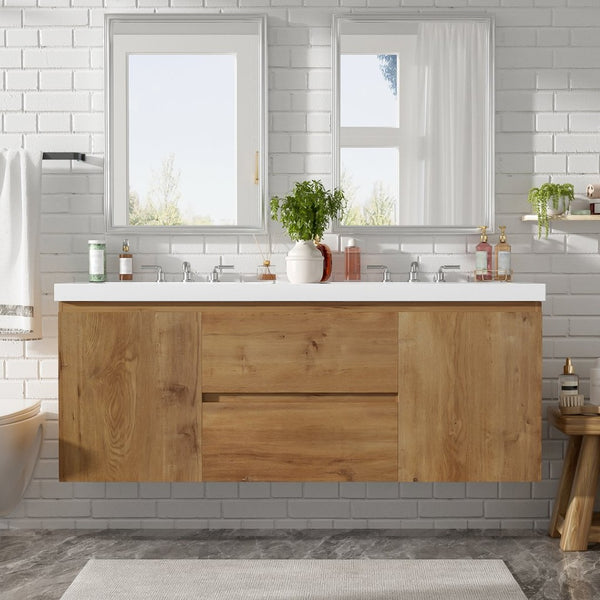 English Elm [video]59.3 Inch Wall Mounted Double Sink Vanity Wood Grain Mdf Soft Close Storage N729P000026N