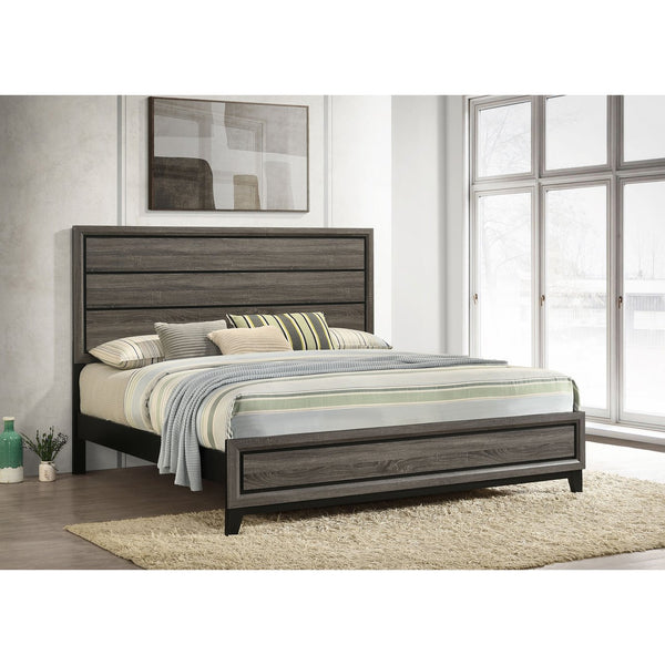 English Elm Carina Rustic Grey Oak Eastern King Panel Bed with Smoky Weathered Finish, Modern Paneled Design B062S00945