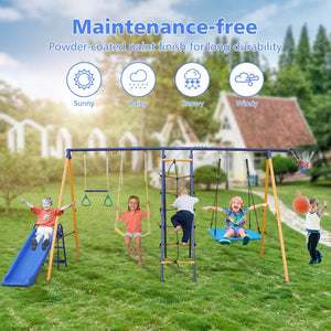 English Elm 500 Lb Outdoor Kids Swing Set with Slide Climbing Net Rings and Basketball Hoop W1408S00001