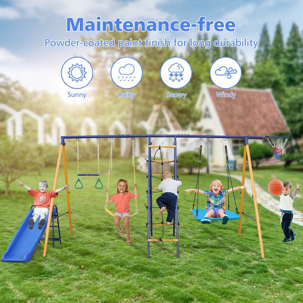 English Elm 500 Lb Outdoor Kids Swing Set with Slide Climbing Net Rings and Basketball Hoop W1408S00001