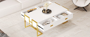 English Elm Modern 47.3" Rectangular Coffee Table with White MDF Top, Gold Metal Base & 4 Spacious Drawers, Luxe-functional Design N735P305626K