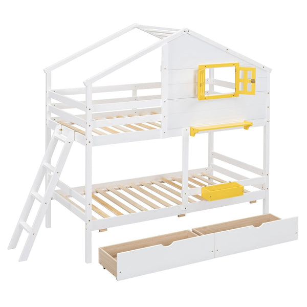English Elm Twin Playhouse Bunk Bed Pinewood Frame with Pitched Roof Window Shelf and Storage Drawers White LT001608AAK-1