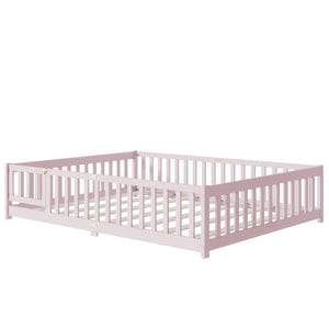 English Elm Queen Rubber Wood Floor Bed with Full Perimeter Safety Fence and Hinged Access Door Pink W504P429344