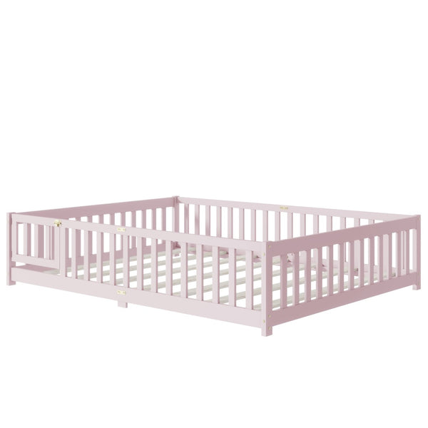 English Elm Queen Rubber Wood Floor Bed with Full Perimeter Safety Fence and Hinged Access Door Pink W504P429344