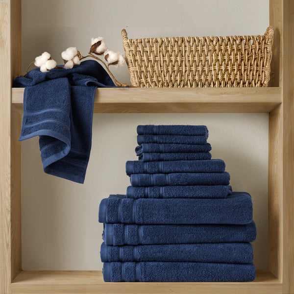 JLA Home Comfort Spaces - Quick Quick Dry 100% Cotton 12pc Towel Set Plush 400 GSM Oeko‑Tex Softness Fast Absorbency Durable Fade-Resistant Indigo AM73-0250
