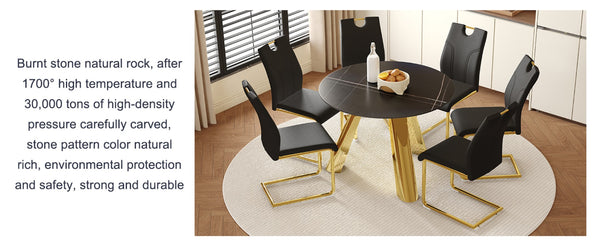 English Elm Table And Chair Set - Luxurious 42-Inch Round Sintered Stone Table With 6 Ergonomic Black Chairs W2920S00044-GIGA