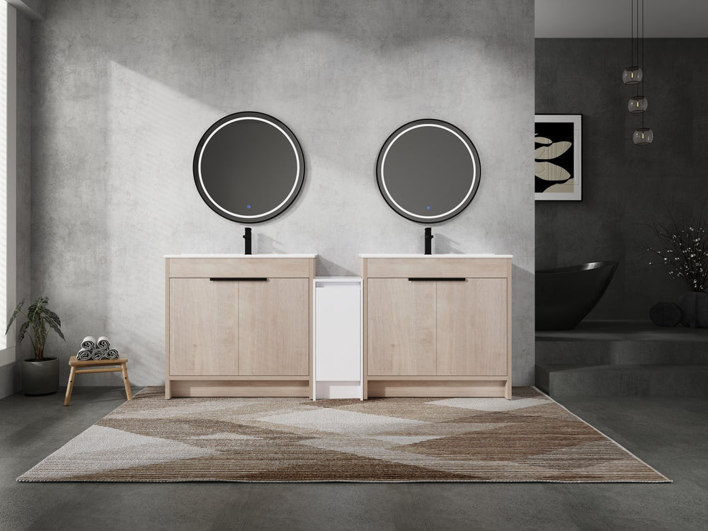 English Elm 84 Inch Freestanding Bathroom Vanity with Integrated Resin Sink, Soft-Close Doors, Shelves & Extra Storage Space Glossy White,Plain Light Oak W999S00320