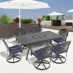 English Elm 7-Piece All-Weather Cast Aluminum Dining Set With 6 Swivel Chairs, Rectangular Table & Cushions W1710S00466