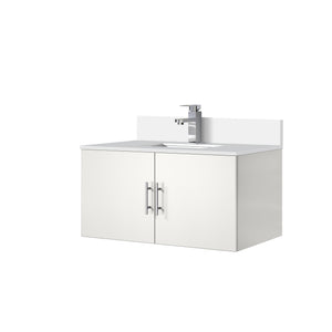 English Elm Glossy 36 in White Bath Vanity with Quartz Top, Soft-Close Storage & Chrome Monte Faucet Set B2731P258633
