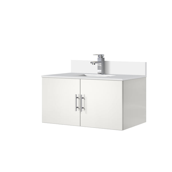 English Elm Glossy 36 in White Bath Vanity with Quartz Top, Soft-Close Storage & Chrome Monte Faucet Set B2731P258633