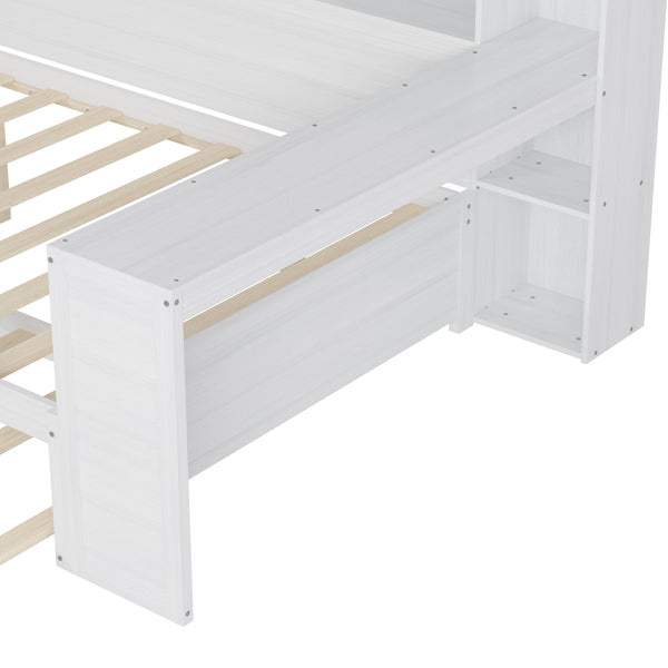 English Elm Wooden Full Size Daybed with Trundle and Built-In Desk, Side Storage Shelves for Space-Saving Rooms Antique White 70 L x 18.6 W x 5.5 H N733S242277K