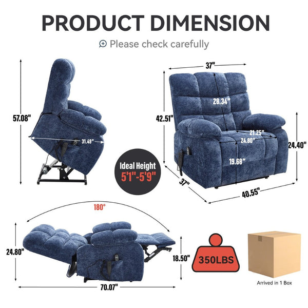 English Elm Lift Power Recliner Chenille Chair Dual Motor Massage Heat 350 Lb Capacity Living Room Blue W3224P288636