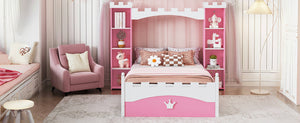 English Elm Castle-Shaped Twin Bed with Crown Footboard and Built-In Shelves, Sturdy MDF/Pine Frame for Kids Pink+White 56.69 L x 17.72 W x 5.51 H N733S177379H