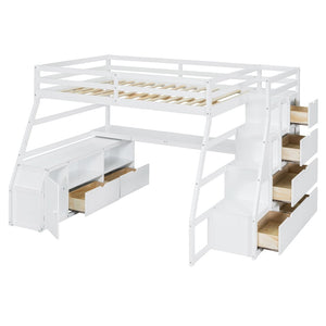 English Elm Full Size Kids Loft Bed with Integrated Desk Seven Drawers and Open Shelving White LT000649AAK-1