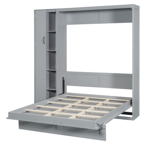 English Elm Full Size Murphy Bed with Open Shelving Wardrobe and Led Lighting for Studio Spaces Gray LP000898AAE