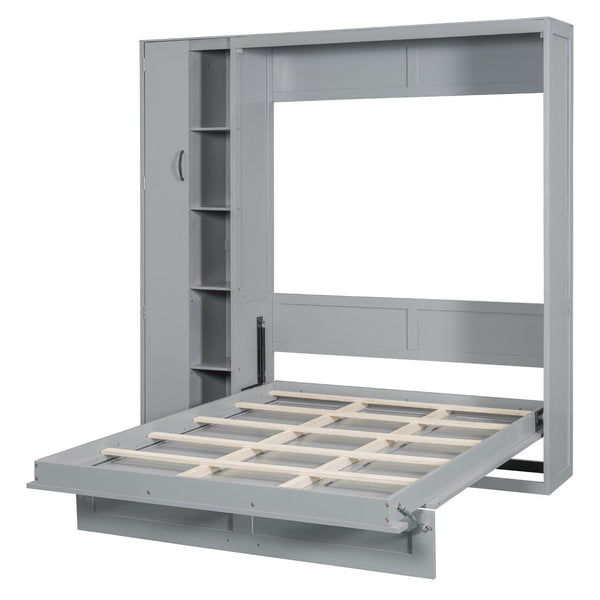 English Elm Full Size Murphy Bed with Open Shelving Wardrobe and Led Lighting for Studio Spaces Gray LP000898AAE