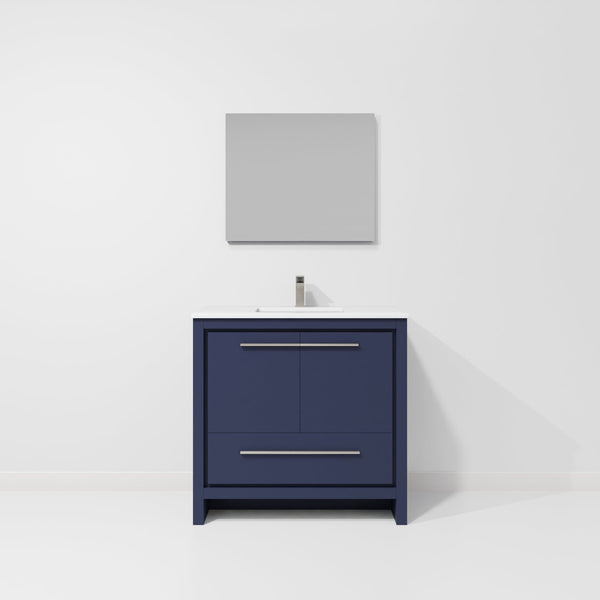 English Elm Navy Blue Single-Sink Vanity Set With White Quartz Top, Gun Metal Faucet & 28" Mirror For Modern Baths B2731S02065