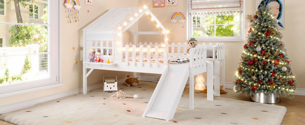 English Elm Twin Playhouse Loft Bed Solid Pine Frame with Slide Led Lights and Star Roof White W5316S00004