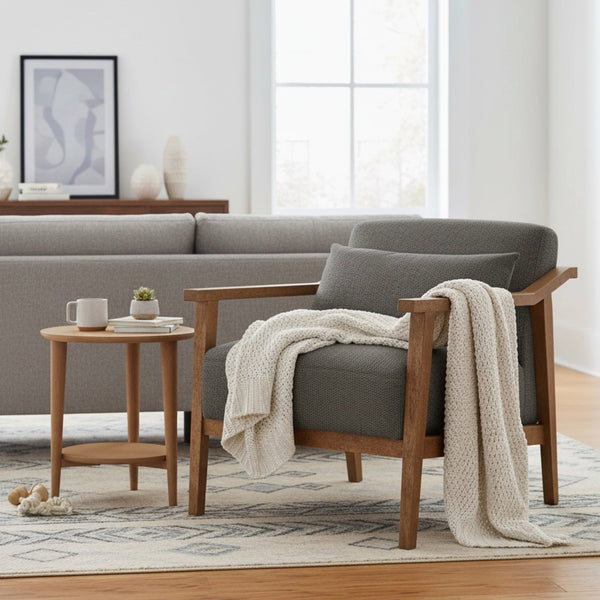 English Elm Reagan Mid-Century Wood Arm Accent Chair with Lumbar Pillow, Walnut Frame, Durable Upholstery Comfort Charcoal grey B050P390600