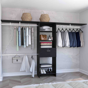 English Elm Closet Adjustable Storage System 70–118" W with Three Hanging Rods, Five Shelves & One Drawer, Engineered Wood Black 51 L x 19 W x 5 H B097S00118