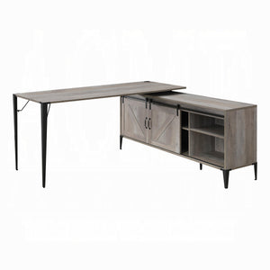 English Elm L-Shape Writing Desk with Cabinet and Sliding Barn Doors, Industrial Metal Accents, Compact Workspace Black,Gray B016S00015