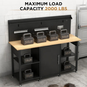 English Elm 60 Inch Garage Workbench Solid Wood Top Steel Frame with Cabinet Pegboard and Power Outlet W3190P410167