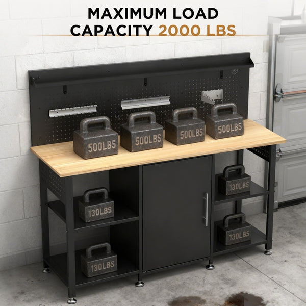 English Elm 60 Inch Garage Workbench Solid Wood Top Steel Frame with Cabinet Pegboard and Power Outlet W3190P410167